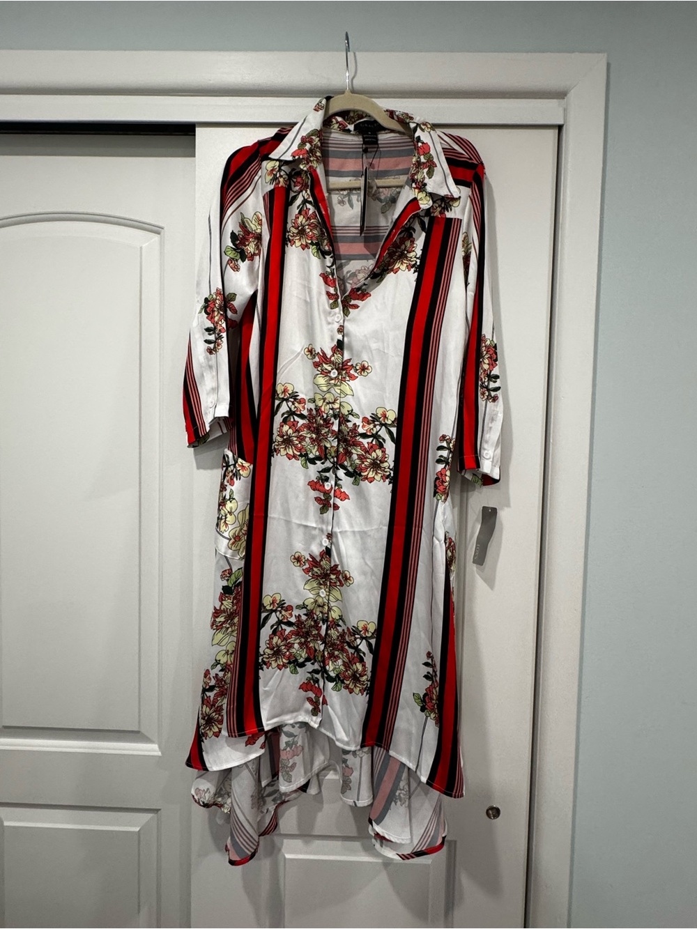 Gracia White Dress with Red & Black Vertical Stripes and Floral Print